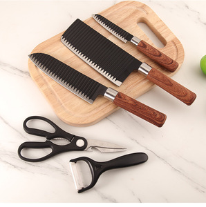 Ensemble de 6 couteaux en acier inoxydable ondulé noir avec manches en <span class=keywords><strong>bois</strong></span>, compatibles lave-vaisselle, <span class=keywords><strong>ciseaux</strong></span> ambidextres, éplucheur translucide fumé - Product Image 5