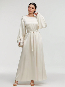Y259 Abaya élégante et modeste pour femmes, robe musulmane pour adultes, faite à la main, en polyester respirant, manches longues, longueur cheville, coupe ample, avec perles - Product Image 1