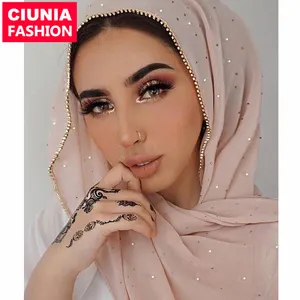 YW70 # Syal Kepala Sifon Muslim, Syal Selendang Panjang, Bando Berlian Berkilau untuk Wanita