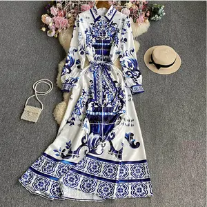 DD9860 Venta al por mayor 2023 Coreano Chic Color azul y blanco Estampado floral Manga larga Maxi Vestido Vestidos de mujer 8
