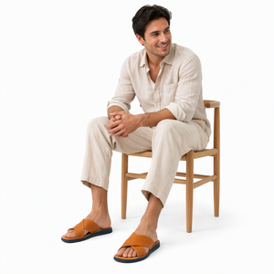 Men Genuine Leather Classic Flat Sandals Open Toe <b>Slip</b>-On Summer Breathable Cross Strap Non-<b>Slip</b> Rubber Outsole Solid Color - Product Image 4