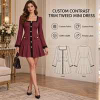 Robe Courte Formelle en Tweed pour Femme avec Bordure Contrastante, Boutons Décoratifs, Col Carré et Manches Longues, Jupe Plissée – Vente en Gros