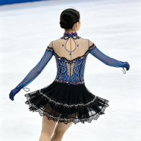 Robe de patinage artistique bleu-noir à manches longues en maille avec strass, jupe à volants en dentelle pour enfants et adultes, pour compétition et performance