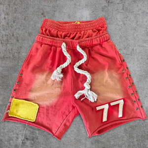 Shorts Personalizados de Doble Cintura para Hombre con Apliques Bordados, Cordones de Algodón, Estrás, Efecto Desgastado por el Sol y Lavado Ácido Tipo Chándal - Product Image 2