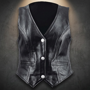Gilet en cuir pour femmes HMB-3361A Gilet d'extérieur coupe-vent noir pour motard fille - Product Image 3