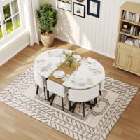 Ensemble de table à manger ovale 7 pièces, 6 chaises en cuir PU blanc, plateau moderne en imitation marbre grain de bois triamine, écologique et durable