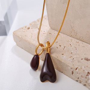 Collar con colgante de gota de agua en acero inoxidable y oro de 18K, color marrón oscuro, elegante joya para el día a día para mujeres. - Product Image 1