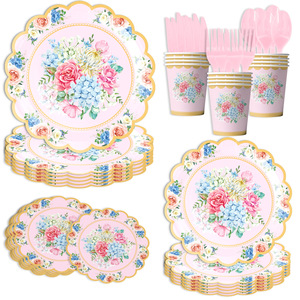 Assiettes en papier, nappes et gobelets jetables à motifs floraux de couleur <span class=keywords><strong>pastel</strong></span> pour mariage, anniversaire, thé, baby shower, décoration de fête - Product Image 1
