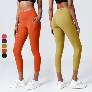 fine stitch pants leg gym fitness yoga pants back zipper inner pocket and side pocket design high waist leggings for women