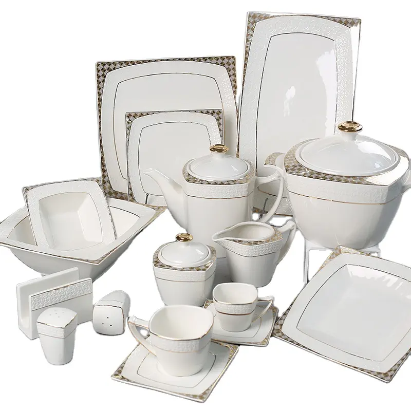 Set da pranzo in porcellana personalizzati Set di stoviglie prezzo del fornitore quadrato 66 pezzi Set da pranzo in porcellana per ristorante