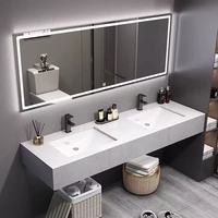 Meuble de salle de bain moderne avec double vasque intégrée en pierre frittée brillante, style marbre de luxe, pour hôtels