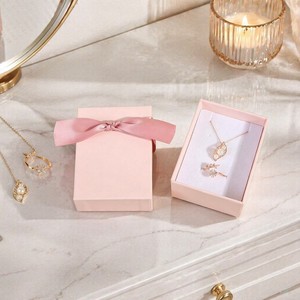 Pink Custom Jewelry Paper <b>Box</b> <b>Gift</b> Packaging Lid and Base Ribbon Bow Necklace <b>Earring</b> Presentation <b>Box</b> - Product Image 5