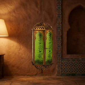 Lanterne suspendue hexagonale en laiton AK, finition dorée avec panneaux en verre vert pour les activités religieuses - Product Image 2