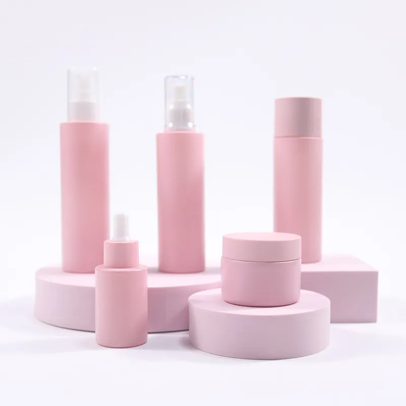 Matte Frosted Pink Skincare Packaging 30ml Glass Dropper Bottle 50ml Airless Pump Jar 100ml 120ml Glass Spray Pump Bottles Oils