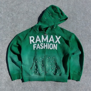 Sudadera con capucha de doble cremallera, 100% algodón, con estampado y bordado personalizados, lavado ácido, efecto desgastado por el sol, vintage, desgastada, de peso pesado y corte holgado. - Product Image 1