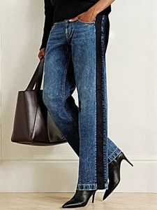 Jeans da <span class=keywords><strong>Donna</strong></span> a Vita Alta, Gamba Larga e Taglio Dritto, Lavaggio Medio con Striscia Laterale in Raso Nero, <span class=keywords><strong>Abbigliamento</strong></span> Femminile - Product Image 1