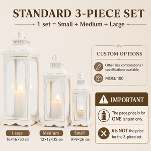 Set di 3 Lanterne in Metallo per Esterni, Portacandele Vintage per Matrimoni, <span class=keywords><strong>Lanterna</strong></span> Grande in Vetro Bianco - Product Image 2