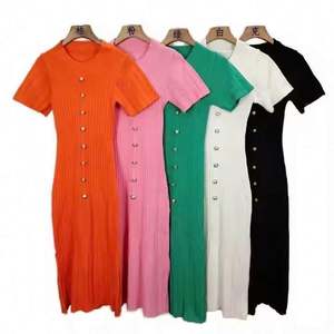 Elegant Slim Knitted Long Dress Women's Letter Single Breasted Short Sleeved Designer <b>Vintage</b> Knitting Dresses - Product Image 2