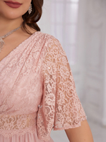 Grande taille dentelle avec fleur forme Design Patchwork froncé taille col en V volant manches Maxi en mousseline de soie élégante robe de soirée formelle