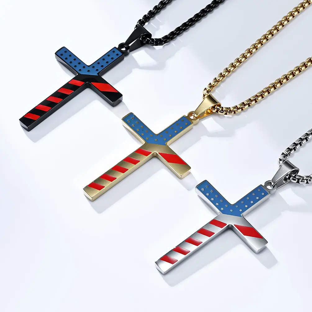 Fashion Jewelry Manufacturer Cross American Stars Stripes Flag Necklace Stainless Steel Pendant Necklace For Women Men