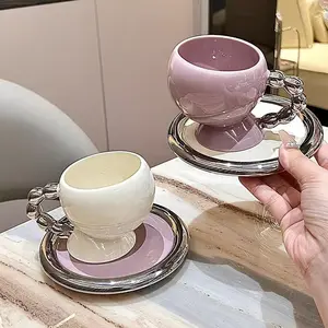 160ml yaratıcı seramik kahve kupa avrupa gümüş kenar eğik ağız küresel kahve fincanı ile fincan tabağı seti