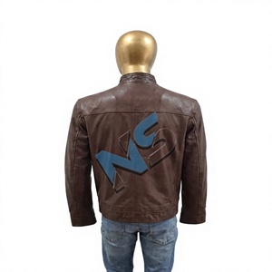 Men's Genuine Cowhide Leather Motorcycle Racing Bomber <b>Jacket</b> Brown Stand Windproof <b>Slim</b> <b>Fit</b> Casual Solid Pattern Zipper Front - Product Image 2