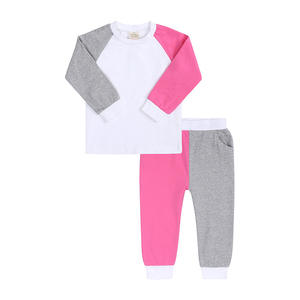 Más de 18 colores Último MOQ bajo Niños <span class=keywords><strong>Bicolor</strong></span> 2 piezas Pantalones de chándal de manga larga Conjunto de ropa de dormir de algodón para niñas pequeñas - Product Image 5