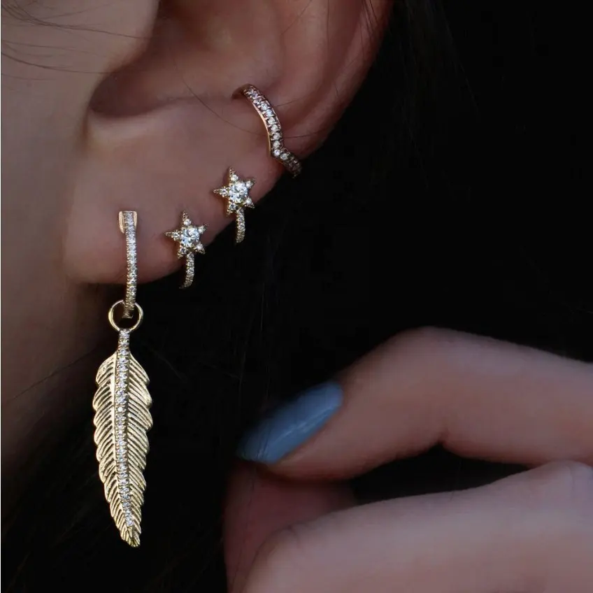 โปรโมชั่นสต็อกโรงงานปรับแต่งขายส่งเครื่องประดับ GOLD Feather dangle ต่างหู