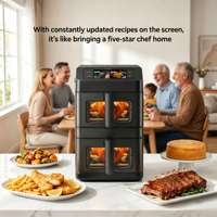Friteuse à air moderne 2x5L à double panier avec écran tactile, contrôle numérique, recettes intégrées, connexion Wi-Fi via application et fenêtre de visualisation