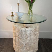 Table basse en pierre naturelle de grotte romaine avec plateau en verre trempé, meuble de salon inspiré du design en marbre