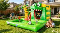 Structure gonflable 3D Crocodile Jungle avec toboggan et piscine à balles verte pour enfants, en PVC écologique, usage commercial