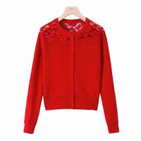 Cardigan à manches longues avec bordure en dentelle et boutons, en maille épaisse et douce, pour tenues d'automne et d'hiver, style décontracté professionnel et hauts pour sorties