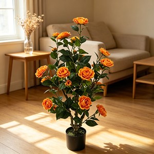 Lifelike orange camellia blossom stem with layered petals for elegant <b>bridal</b> bouquet & table centerpiece - Product Image 4
