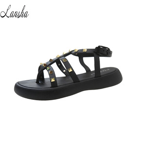 סנדלים שטוחים קלים משקל לנשים, דגם צרפתי סִגְנוֹן עם רצועות צולבות כפולות, אבזם אצבעות, ג'לי קיצי עם אבני חן ורצועת קרסול. - Product Image 5