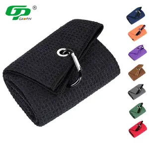 Wholesale 16" X 24" Tri-Fold Golf Towels Microfiber Waffle Pattern Embroidered Custom Logo Golf Towel With Carabiner Clip