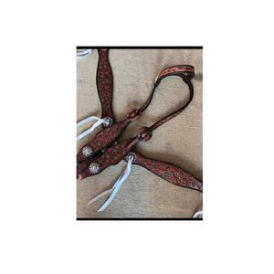 Juego de tachuelas marrones occidentales de cuero auténtico de alta calidad con herramientas florales, pechera y riendas para equipo de caballo de vaquero - Product Image 5