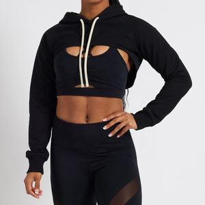 Sweat-shirt à capuche Super Crop pour femme, de haute qualité, anti-rides, tricoté, brodé, dos décolleté, manches longues, logo sur le devant, automne - Product Image 2