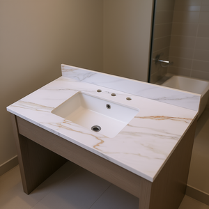 Plan de toilette en marbre Carrara à veines blanches, 43 pouces, à encastrer, pré-percé avec trou pour robinet de 8 pouces, pour lavabo de salle de bain - Product Image 2