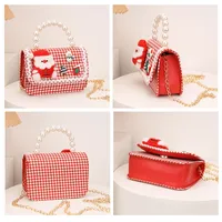 Sacs à bandoulière carrés à carreaux mignons pour filles, sacs à main avec poignée en perles Père Noël, porte-monnaie pour bébés et enfants, cadeau de Noël