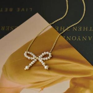 Adjustable 14K Gold-Plated Collarbone Chain <b>Cute</b> Natural Pearl Bow Necklace Versatile Japanese Light Luxury <b>Accessory</b> Wenchi - Product Image 1