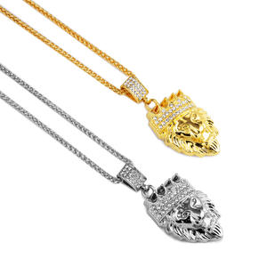 Nueva joyería de Hip Hop, diamantes de imitación transparentes, cadena cubana, corona, cabeza de león, colgante, collar, aleación de Zinc dorado para hombres y mujeres - Product Image 2