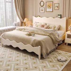 French Style <b>Solid</b> <b>Wood</b> Double Bed Frame 1.5M Wave Shape Platform Bed For Bedroom - Product Image 3