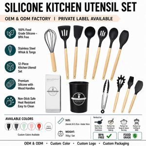 <b>Silicone</b> Kitchen <b>Utensil</b> Set 12 Piece Wooden Handle Heat Resistant Non Stick BPA Free Food Grade <b>Cooking</b> Tools - Product Image 1