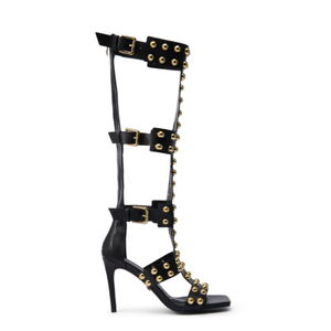 2025 mode tendance femmes <span class=keywords><strong>noir</strong></span> bout carré or goujons sandales à talons aiguilles confortable genou-haut boucle sangles sandales - Product Image 3