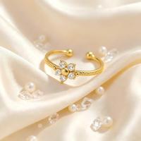 Bague ajustable en acier inoxydable 304 avec strass en forme de fleur, dorée, en gros, en stock, pour femme