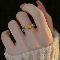 Bague extensible en perles de turquoise et ambre, style chinois, en verre, pour femme et unisexe, bijoux géométriques ovales en pierre naturelle, vente en gros