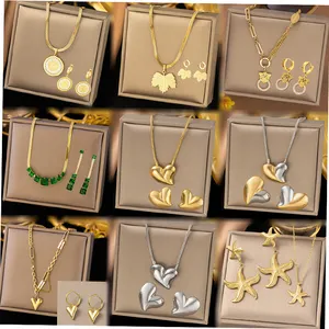 Vintage jewelry set stainless steel 18K gold plated irregular heart necklace earrings set starfish Pendant Women's accessories
