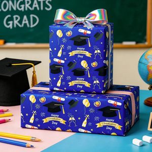 Graduation Wrapping <b>Paper</b> <b>Roll</b> <b>Blue</b> Gold 17 Inch X 16.5 Feet Single Side Gift Wrap For Graduation Occasion - Product Image 2
