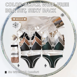 Ensemble soutien-gorge et string sexy pour femme, style européen et américain, color-block, bretelles ajustables, respirant, sans armatures, avec logo - Product Image 2