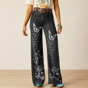 Jean large pour femme, bleu clair, imprimé papillon, en denim de coton non extensible, taille haute, style western 3657 - Product Image 3